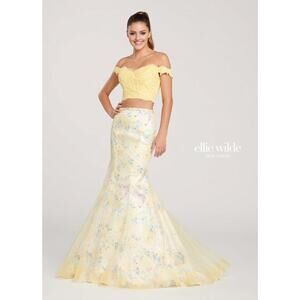 Ellie Wilde Prom Special Occasion Yellow Floral 2 Piece Beaded Tulle Dress Sz 6